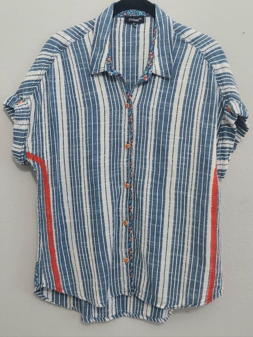 Tolani Mixed Media Blue Stripe Floral Print Button Down Shirt Woman M Coastal